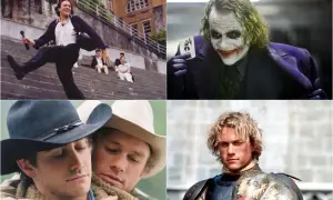 Collage di film di Heath Ledger: un giovane con microfono, il Joker, due cowboy e un cavaliere.