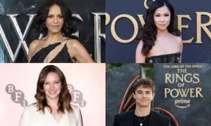 Il cast di Il Signore degli Anelli: Gli Anelli del Potere, con attori come Cynthia Addai-Robinson, Nazanin Boniadi, Robert Aramayo e Sophia Nomvete.