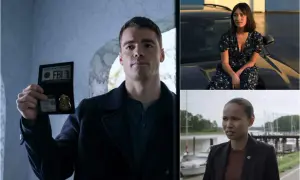 Il cast di The Night Agent: un agente FBI mostra il distintivo, una giovane donna seduta su un'auto e un'altra donna in giacca.