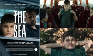 Il poster del film "The Sea" mostra un ragazzo con uno sguardo intenso, un uomo in auto e bambini su un autobus.