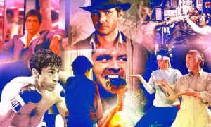Collage di icone dei film anni 80: Indiana Jones, Rocky, Karate Kid, Scarface, Shining e E.T.