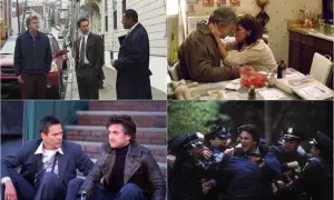 Il cast di Mystic River in scene drammatiche: Sean Penn, Kevin Bacon, Tim Robbins e Laurence Fishburne.
