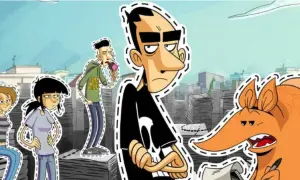 Personaggi stilizzati, come ritagli da **strappare lungo i bordi**, con un maialino e un uomo con un gelato.
