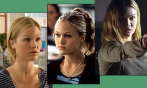 Julia Stiles in tre scene diverse di un film. La sua espressione cambia da pensierosa a determinata.