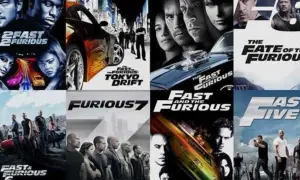 Montaggio di locandine dei film di Fast & Furious: 2 Fast 2 Furious, Tokyo Drift, Fast & Furious 6, Fast & Furious 7, The Fate of the Furious, Fast Five.