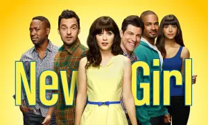 Il cast di New Girl, con Jess al centro in giallo, circondata dai suoi amici.