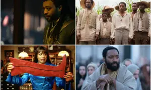 Scene da film di Chiwetel Ejiofor: un guerriero mistico, schiavi in un campo di cotone, una donna con uno stivale rosso e un uomo con barba e mantello.
