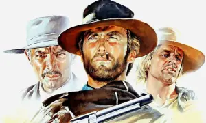 Il cast di Per qualche dollaro in più: Clint Eastwood, Lee Van Cleef e Eli Wallach, tre pistoleri pronti a tutto nel selvaggio West.
