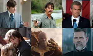 Collage di film e programmi TV di Josh Brolin: in abito, con baffi e pistola, come politico, cowboy, Thanos e in uniforme.