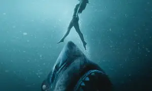 Una donna nuota sopra un enorme squalo, in un'immagine che evoca il terrore di "47 metri - Uncaged".