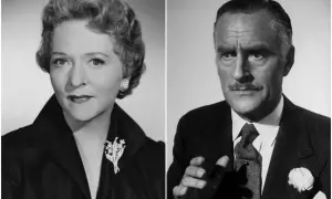 Il cast di "Caccia al ladro": Grace Kelly elegante con spilla floreale e Cary Grant con baffi e fiore all'occhiello.
