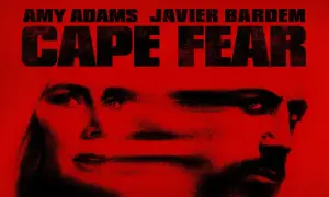 Volti sovrapposti in primo piano su sfondo rosso, con il titolo "CAPE FEAR" in nero.