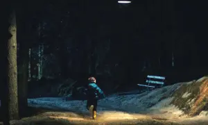 Bambino corre in un sentiero illuminato, in fondo al bosco, verso un misterioso oggetto luminoso nel cielo.