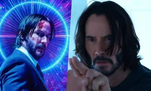 Keanu Reeves, un volto iconico del cast di Matrix, appare in due versioni: una con ferite e sfondo neon, l'altra con uno sguardo intenso e un gesto di avvertimento.