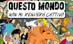 Un gruppo di personaggi stilizzati, tra cui un dinosauro arancione e una ragazza con il velo, circondano la scritta "Questo mondo non mi renderà cattivo".