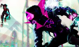 Miles Morales salta in azione, anticipando l'uscita di Spider-Man: Beyond the Spider-Verse. Un nemico robotico con dettagli rosa neon si avvicina.