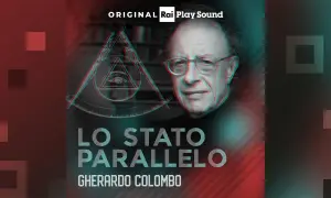 Gherardo Colombo discute "Lo Stato Parallelo" con un occhio onniveggente e simboli massonici.