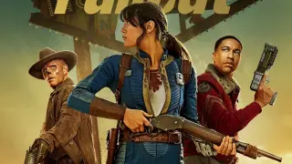 Tre personaggi pronti all'azione: un uomo con cappello e volto segnato, una donna con tuta blu e fucile, e un uomo con giacca rossa e pistola. L'atmosfera suggerisce la **fallout stagione 2**.