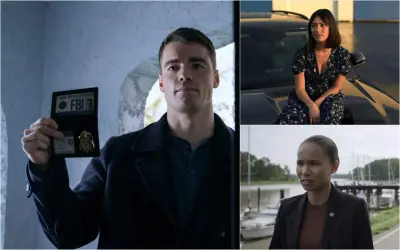 Il cast di The Night Agent: un agente FBI mostra il distintivo, una giovane donna seduta su un'auto e un'altra donna in giacca.