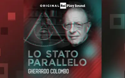 Gherardo Colombo discute "Lo Stato Parallelo" con un occhio onniveggente e simboli massonici.