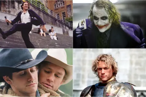 Collage di film di Heath Ledger: un giovane con microfono, il Joker, due cowboy e un cavaliere.