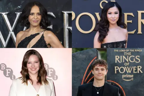 Il cast di Il Signore degli Anelli: Gli Anelli del Potere, con attori come Cynthia Addai-Robinson, Nazanin Boniadi, Robert Aramayo e Sophia Nomvete.
