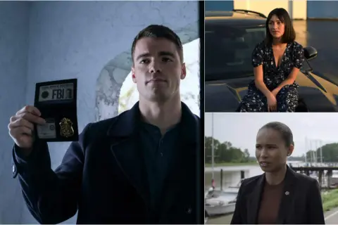 Il cast di The Night Agent: un agente FBI mostra il distintivo, una giovane donna seduta su un'auto e un'altra donna in giacca.