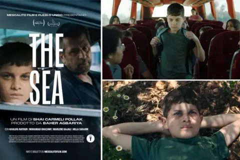 Il poster del film "The Sea" mostra un ragazzo con uno sguardo intenso, un uomo in auto e bambini su un autobus.