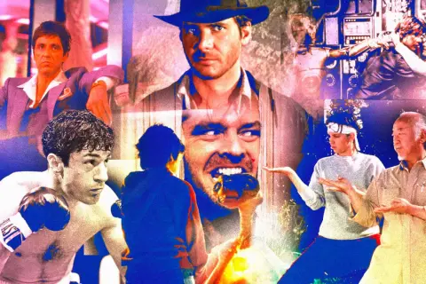Collage di icone dei film anni 80: Indiana Jones, Rocky, Karate Kid, Scarface, Shining e E.T.