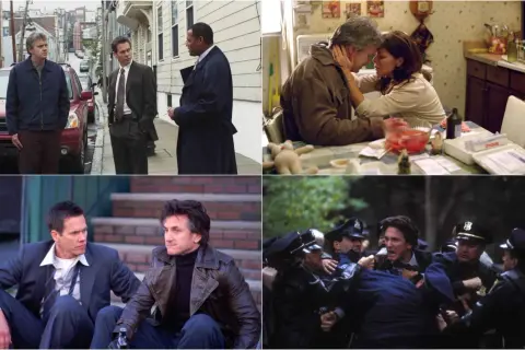 Il cast di Mystic River in scene drammatiche: Sean Penn, Kevin Bacon, Tim Robbins e Laurence Fishburne.