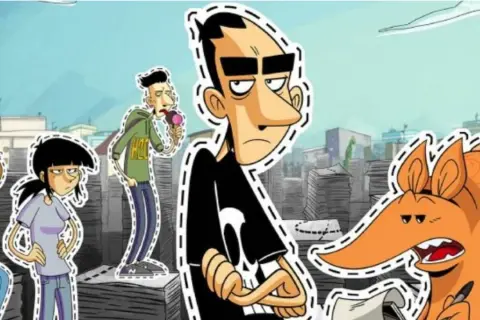 Personaggi stilizzati, come ritagli da **strappare lungo i bordi**, con un maialino e un uomo con un gelato.