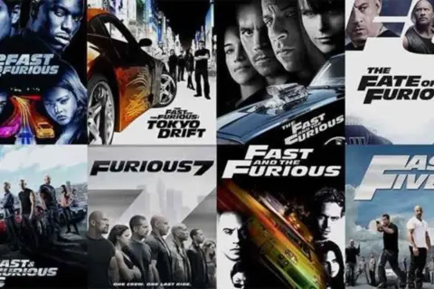 Montaggio di locandine dei film di Fast & Furious: 2 Fast 2 Furious, Tokyo Drift, Fast & Furious 6, Fast & Furious 7, The Fate of the Furious, Fast Five.