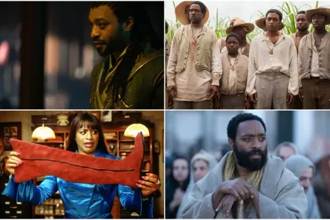 Scene da film di Chiwetel Ejiofor: un guerriero mistico, schiavi in un campo di cotone, una donna con uno stivale rosso e un uomo con barba e mantello.