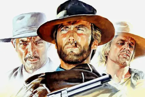 Il cast di Per qualche dollaro in più: Clint Eastwood, Lee Van Cleef e Eli Wallach, tre pistoleri pronti a tutto nel selvaggio West.