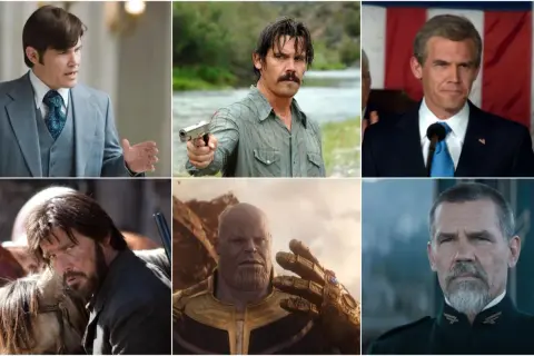Collage di film e programmi TV di Josh Brolin: in abito, con baffi e pistola, come politico, cowboy, Thanos e in uniforme.