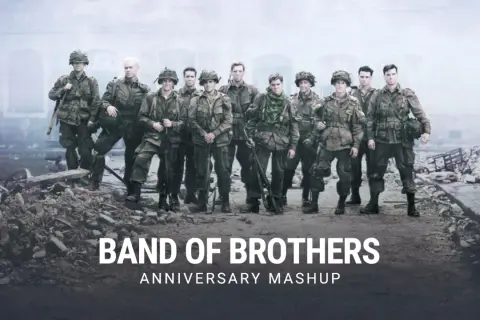 Un gruppo di soldati, veri fratelli al fronte, posa in un paesaggio devastato. La scritta "Band of Brothers" celebra il loro legame indissolubile.