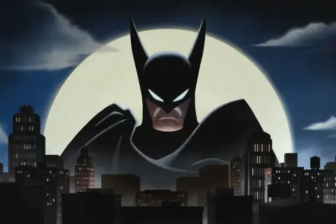 Il **batman caped crusader** veglia sulla città sotto una luna piena, con occhi luminosi che scrutano l'oscurità.