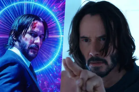 Keanu Reeves, un volto iconico del cast di Matrix, appare in due versioni: una con ferite e sfondo neon, l'altra con uno sguardo intenso e un gesto di avvertimento.