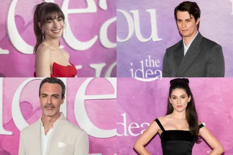 Il cast di "The Idea of You": Anne Hathaway, Nicholas Galitzine, Reid Scott e Ella Hunt sorridono sul red carpet.