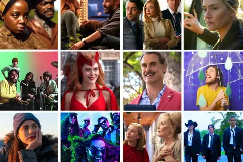 Collage di scene da migliori serie tv: The Beatles, WandaVision, Succession, The White Lotus, Only Murders in the Building, Yellowjackets, The Bear, Heartstopper.