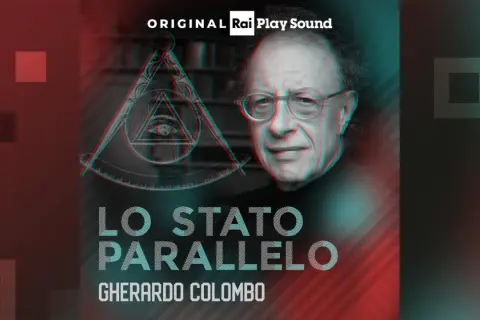 Gherardo Colombo discute "Lo Stato Parallelo" con un occhio onniveggente e simboli massonici.