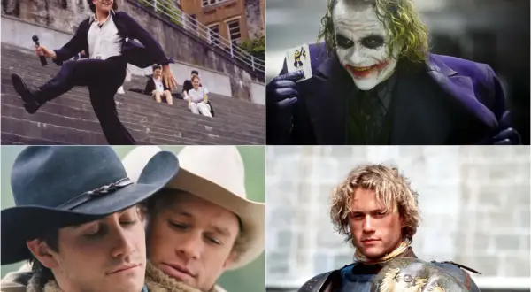 Collage di film di Heath Ledger: un giovane con microfono, il Joker, due cowboy e un cavaliere.