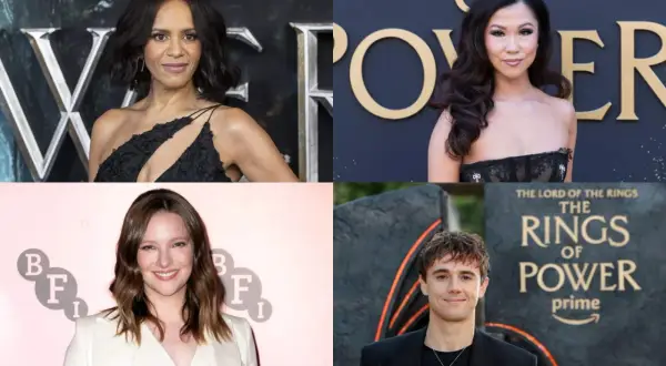 Il cast di Il Signore degli Anelli: Gli Anelli del Potere, con attori come Cynthia Addai-Robinson, Nazanin Boniadi, Robert Aramayo e Sophia Nomvete.