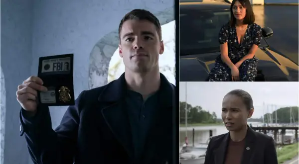 Il cast di The Night Agent: un agente FBI mostra il distintivo, una giovane donna seduta su un'auto e un'altra donna in giacca.