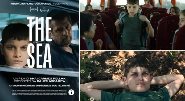 Il poster del film "The Sea" mostra un ragazzo con uno sguardo intenso, un uomo in auto e bambini su un autobus.