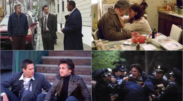 Il cast di Mystic River in scene drammatiche: Sean Penn, Kevin Bacon, Tim Robbins e Laurence Fishburne.