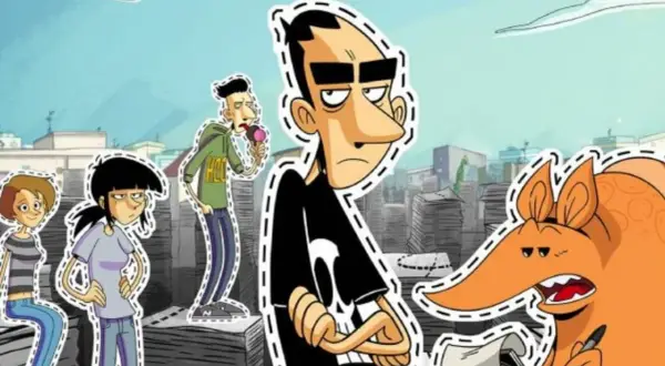 Personaggi stilizzati, come ritagli da **strappare lungo i bordi**, con un maialino e un uomo con un gelato.