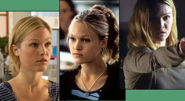 Julia Stiles in tre scene diverse di un film. La sua espressione cambia da pensierosa a determinata.