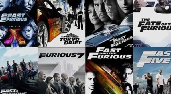 Montaggio di locandine dei film di Fast & Furious: 2 Fast 2 Furious, Tokyo Drift, Fast & Furious 6, Fast & Furious 7, The Fate of the Furious, Fast Five.