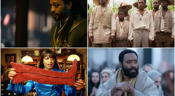 Scene da film di Chiwetel Ejiofor: un guerriero mistico, schiavi in un campo di cotone, una donna con uno stivale rosso e un uomo con barba e mantello.